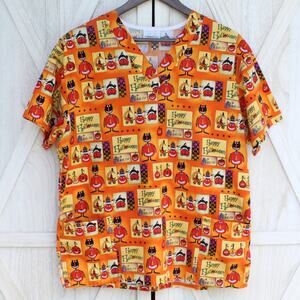 Halloween Pumpkin Cat Short Sleeve Medical Scrub Top M Fundamentally Cotton